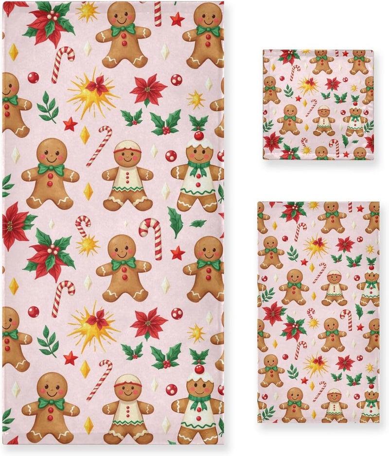 Dussdil Merry Christmas Pink Gingerbread Bathroom Towel Set of 3 Pcs Hand Fingertip Towels 1 Bath Towel 1 Hand Towel 1 Washcloth for Home Bathroom House Swim Soft Highly Absorbent Multipurpose Decor - Image 1